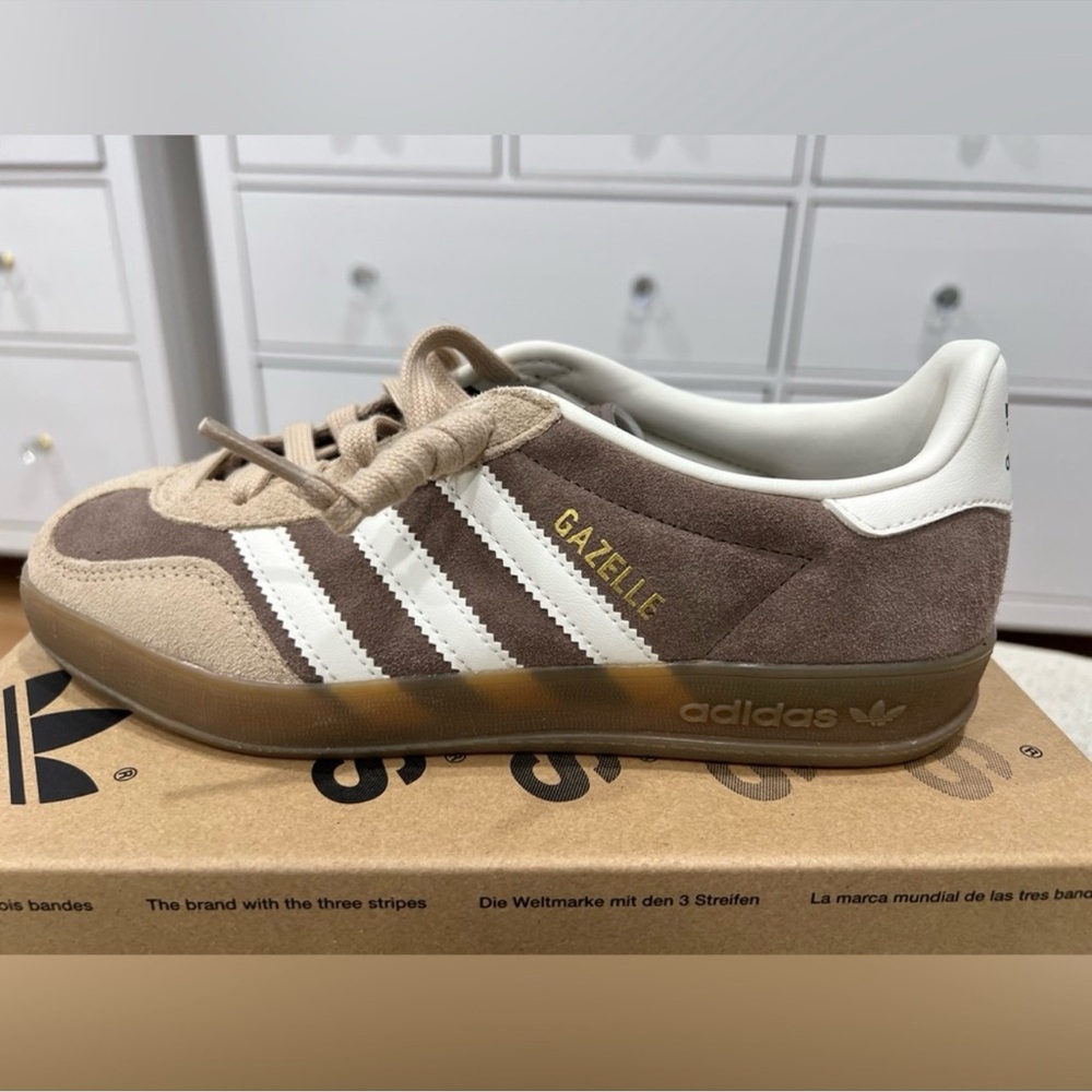 Adidas Brown and White Sneakers with Signature Stripes